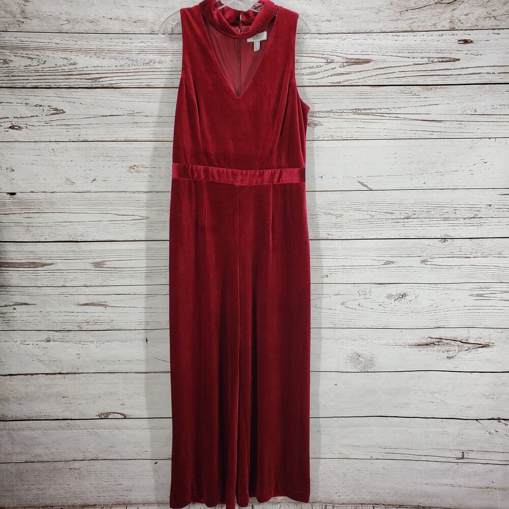 Belle Badgley Mischka Burgundy Velvet V-Cut Out Collar Jumpsuit Size 14